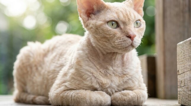 Devon Rex Cat with Curly Fur Outdoors.