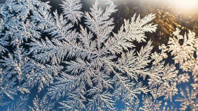 Intricate snowflake patterns and frost formations on glass, detailed ice crystals, winter season beauty, natural frozen textures