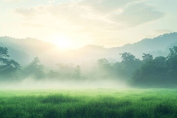 Naklejka premium Stunning Early Autumn Morning Fog Over An Open Field Nature Horizon Sunset Landscape Scenic View.