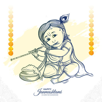 Happy janmashtami greetings with lord krishna sketch art illustration design