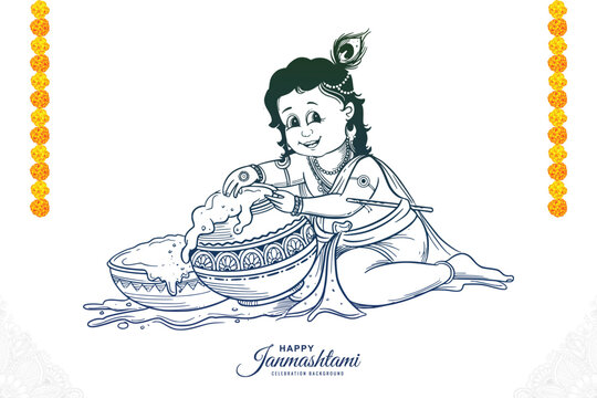 Hand draw sketch happy janmashtami indian festival card design