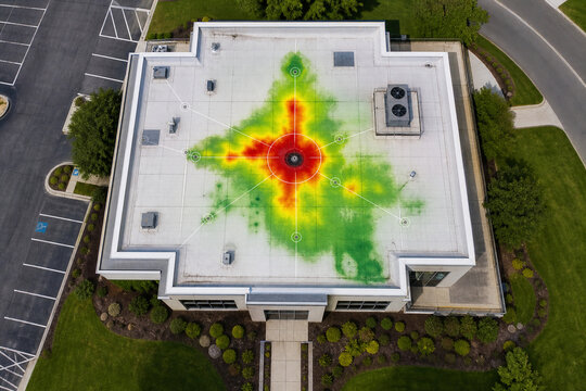 Top-down view of a commercial building roof with colorful thermal heat map and connected sensor overlay for smart facility monitoring.