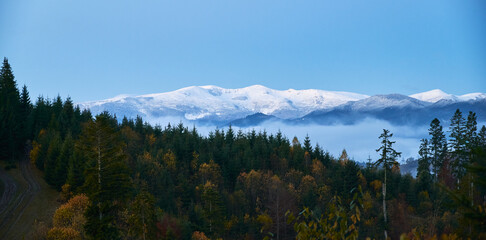 Naklejka premium Snowy mountains and trees under blue sky.