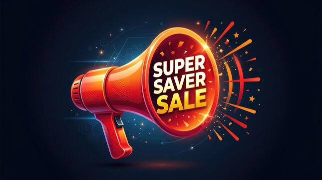 Vibrant megaphone announcing super discount sale with dynamic explosion effects with enhanced energetic light bursts geometric patterns megaphone projecting fiery
