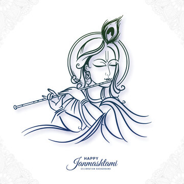 Happy janmashtami with lord krishna hand playing bansuri sketch design