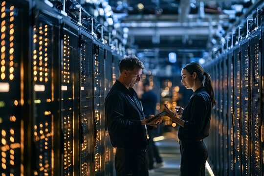 Professional ICT Engineers Solving Technical Data Analysis Issues inside Modern Server Data Center
