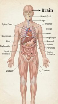 Hand Drawn Anatomy Diagram Animates Labels and Arrows Around Human Body.