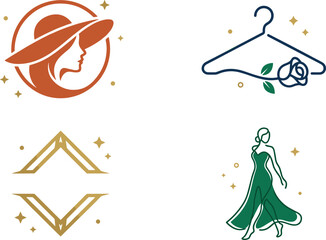 Naklejka premium Elegant Fashion Boutique Logo Vector Set Featuring Woman in Hat, Clothes Hanger with Rose, Geometric Monogram, and Evening Dress Silhouette