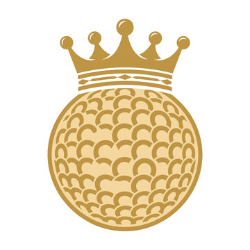 Golden golf ball with crown royalty sport symbol