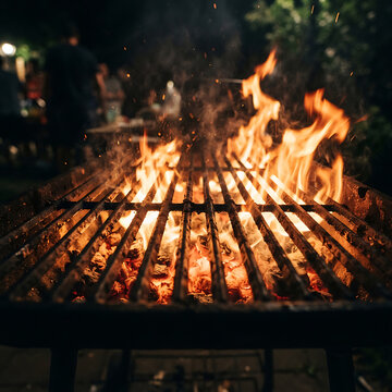 Grill flames burning brightly on a barbecue grill at night
