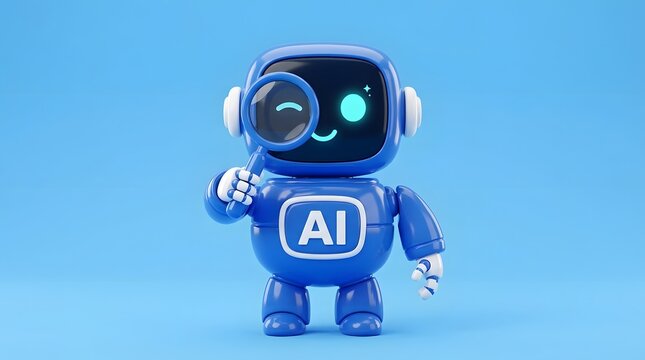 A small blue 3D robot character holding a magnifying glass against a solid blue background