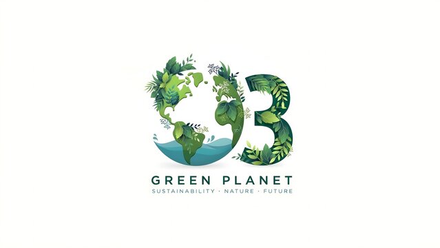 Green planet earth with leafy number 3 logo