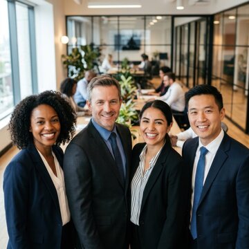 Diverse Business Team Posing Smiling In Modern Office Boardroom