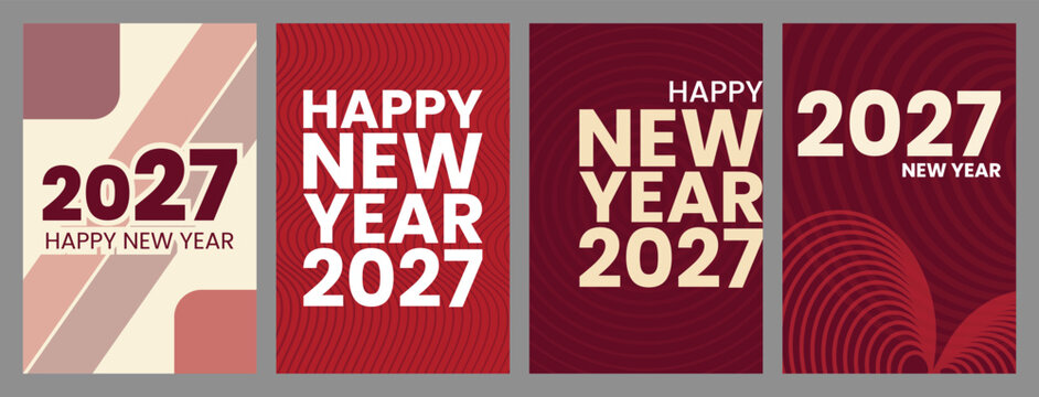 Happy New Year 2027 red typography poster set with modern abstract wave and geometric layout