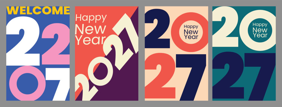 Happy New Year 2027 retro modern typography poster set with minimalist colorful abstract geometric layout