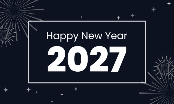 Happy New Year 2027 banner with fireworks and frame border on dark blue background