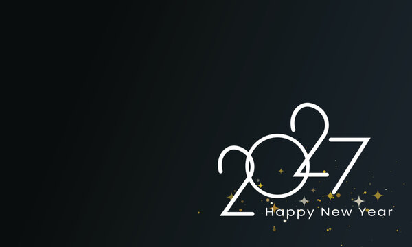 Happy New Year 2027 elegant minimalist line art banner with golden sparkle dust on dark background