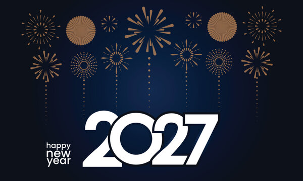 Happy New Year 2027 banner with golden fireworks display on dark blue background