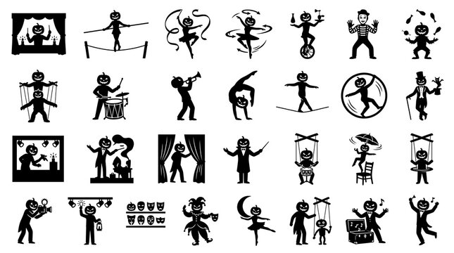 Circus performer silhouettes set with pumpkin head characters and carnival entertainment.