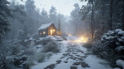 Naklejka premium A Cozy Wooden Cabin Nestled in a Snowy Forest with a Picturesque Stone Path During a Winter Day