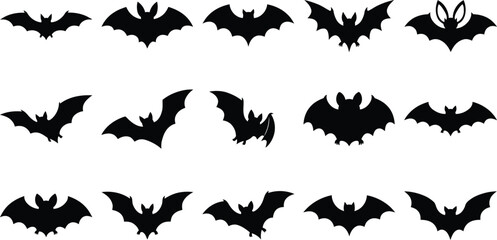 Fototapeta premium Black bat silhouettes flying in different poses collection
