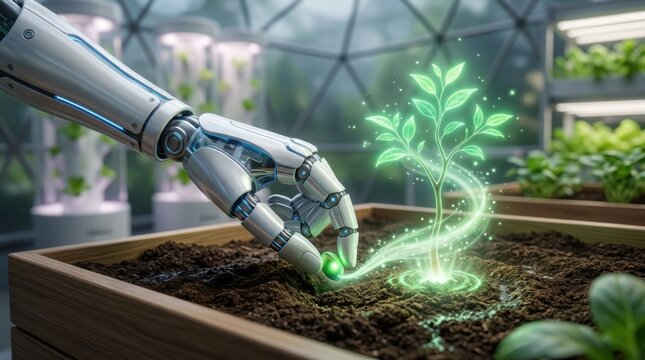 Robotic Hand Planting Seedling in Modern Greenhouse with Virtual Growth Arc