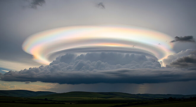 Colorful Stormy Sky with Pileus Cloud Over Green Hills