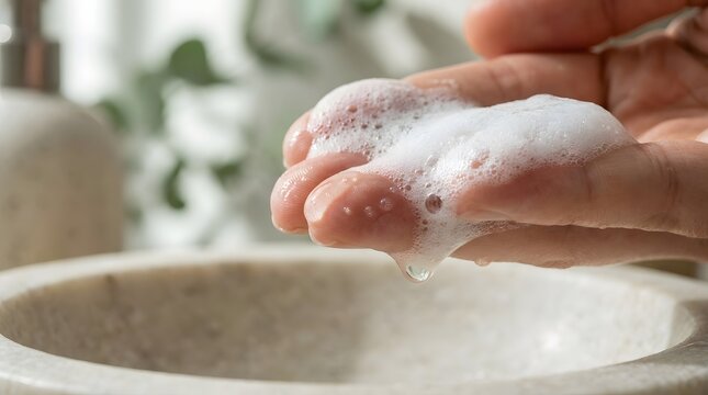 Hand washing with soap foam in bathroom sink for hygiene and skincare routine