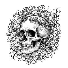 Fototapeta premium Detailed human skull illustration with intricate floral patterns and elegant swirling vines on white background