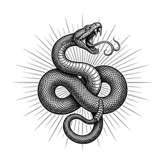 Fototapeta premium Aggressive coiled viper snake graphic design illustration with detailed scales radiating lines on white background
