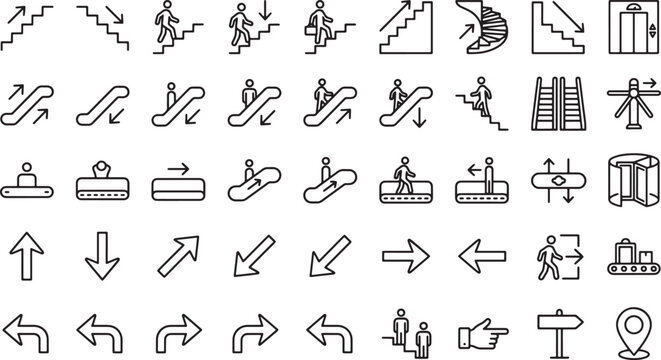 Set of linear navigation and wayfinding icons for public buildings and transportation hubs in vector format