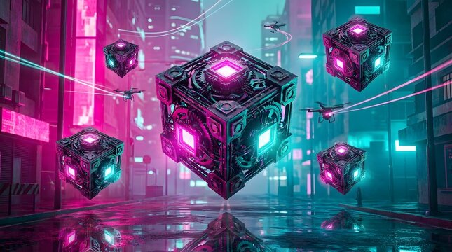 Floating futuristic metallic cubes in a neon cyberpunk city street at night