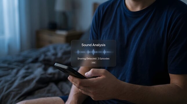 Man holding mobile phone showing sleep sound analysis with snoring detection graphic in bedroom