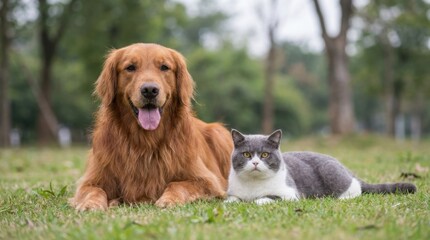 Obraz premium Golden Retriever Dog and Grumpy Cat Relaxing Together Outdoors on Green Grass.