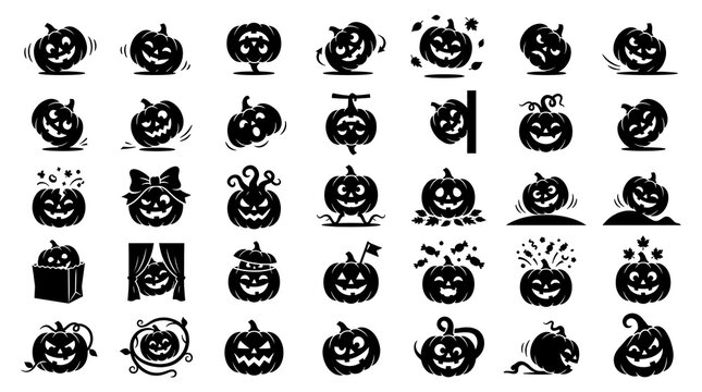 Set of Halloween pumpkin icons, spooky jack-o-lantern silhouettes for autumn holiday design.