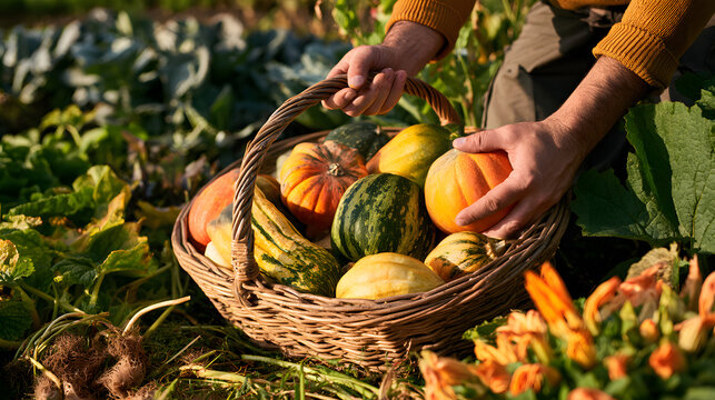 A basket filled with a mix of colorful squash and pumpkins was gathered in the vegetable garden, surrounded by autumn crops, representing the harvest season, organic farming, gardening, and fresh prod