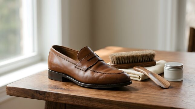 Brown leather loafer shoe with cleaning brush and polish on a wooden table