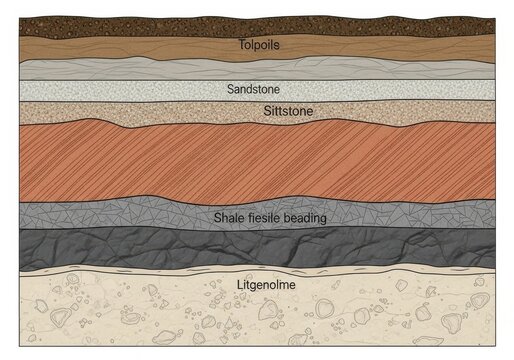 Educational cross section diagram of geological rock soil layers.