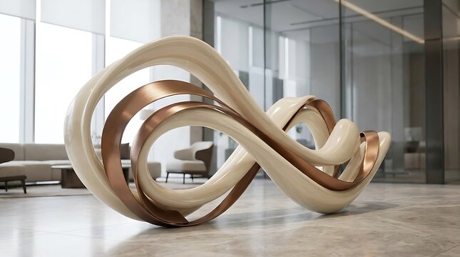 Abstract beige and bronze metallic sculpture featuring fluid organic curves displayed inside modern minimalist corporate office