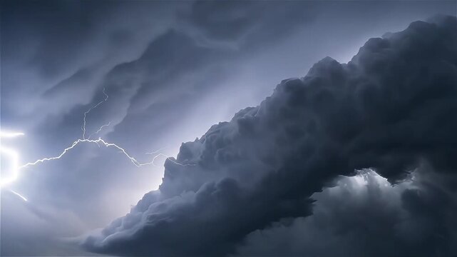Dramatic timelapse of dense thunderstorm clouds flashing with violent lightning bolts.