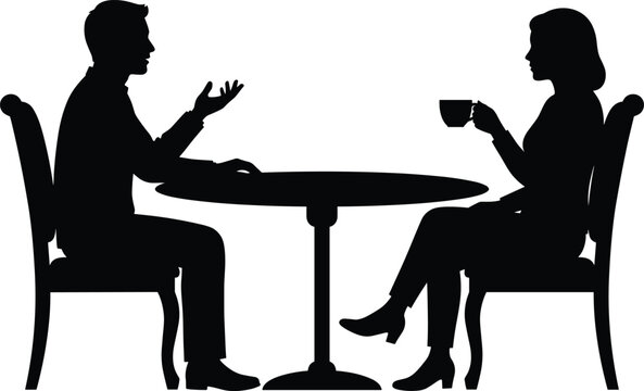 Man and woman sitting at a table talking silhouette vector illustration for business meeting concepts