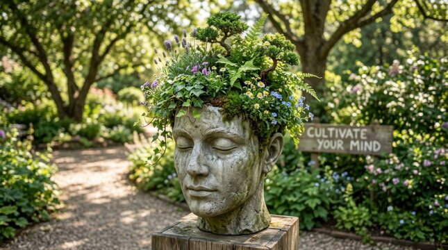 Serene outdoor garden scene featuring a concrete head sculpture surrounded by lush greenery and a motivational sign