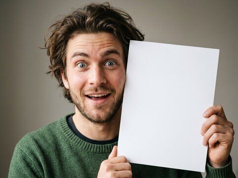 Excited young man holding blank white paper sheet.
