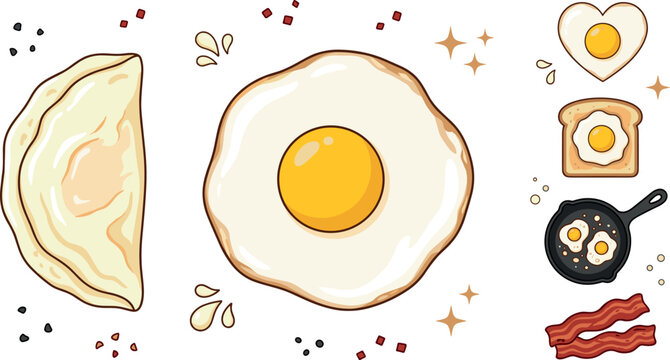 Fried Egg Food Illustration Set with Sunny Side Up Eggs, Toast, Bacon, Skillet and Breakfast Ingredients for Kitchen and Menu Designs