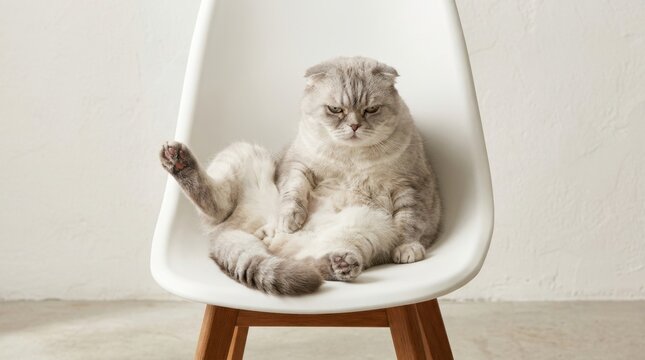 Scottish Fold Cat Sitting on a Modern Chair Looking Grumpy.