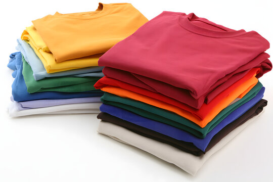 Glamorously arranged t-shirts in various solid hues are displayed on a pristine white base. This assortment of garments offers fundamental, universally applicable tees prepared for any kind of design 