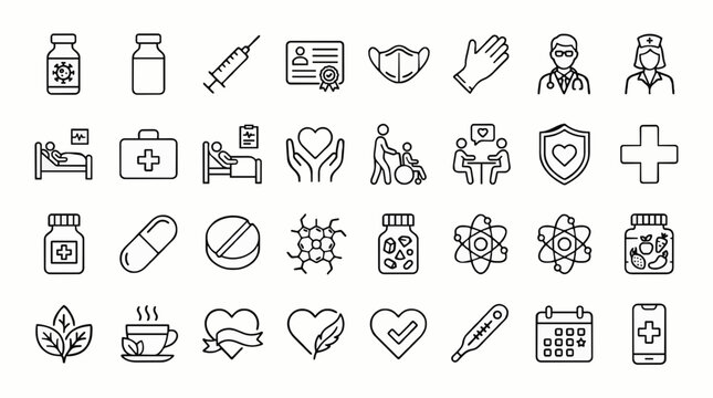 Vaccination social healthcare medical mask vitamin and mineral thin line icon set