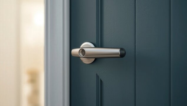 Secure Home Entrance with Modern Metal Door Handle and Key Lock in Close-Up Architectural Interior Setting