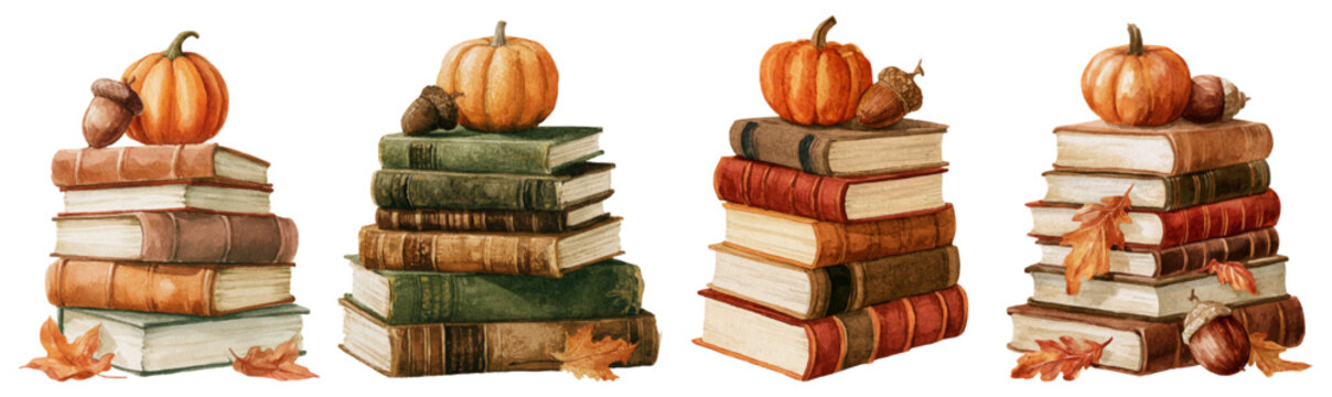 Stacks of vintage books featuring warm fall colors, decorated with festive pumpkins, natural acorns, and autumn leaves, creating a cozy atmosphere for reading and seasonal themes