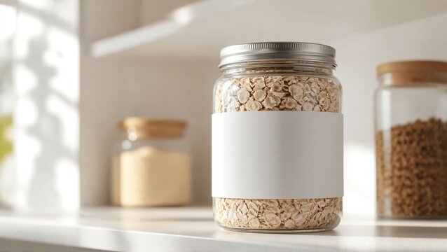 Glass jar filled with oats on a kitchen shelf